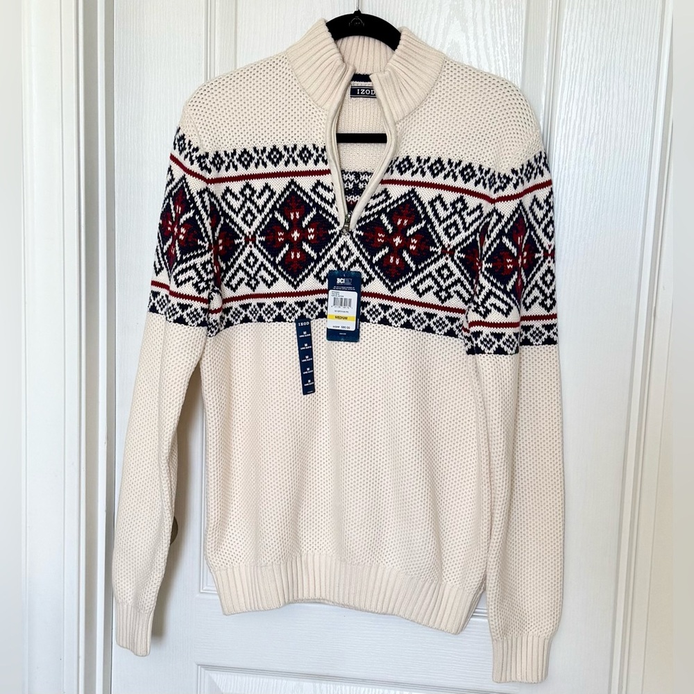 Izod Men's Zip Up Sweater in Cream with Red and Black Design